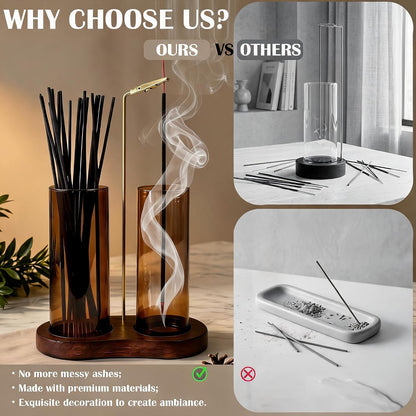 2 in 1 Anti-Ash Incense Holder for Sticks, Upside Down Hanging Incense Burner with Removable Glass Ash Catcher and Wooden Base, Modern Vertical Zen Decor for Home Office Yoga Meditation Room（Clear）