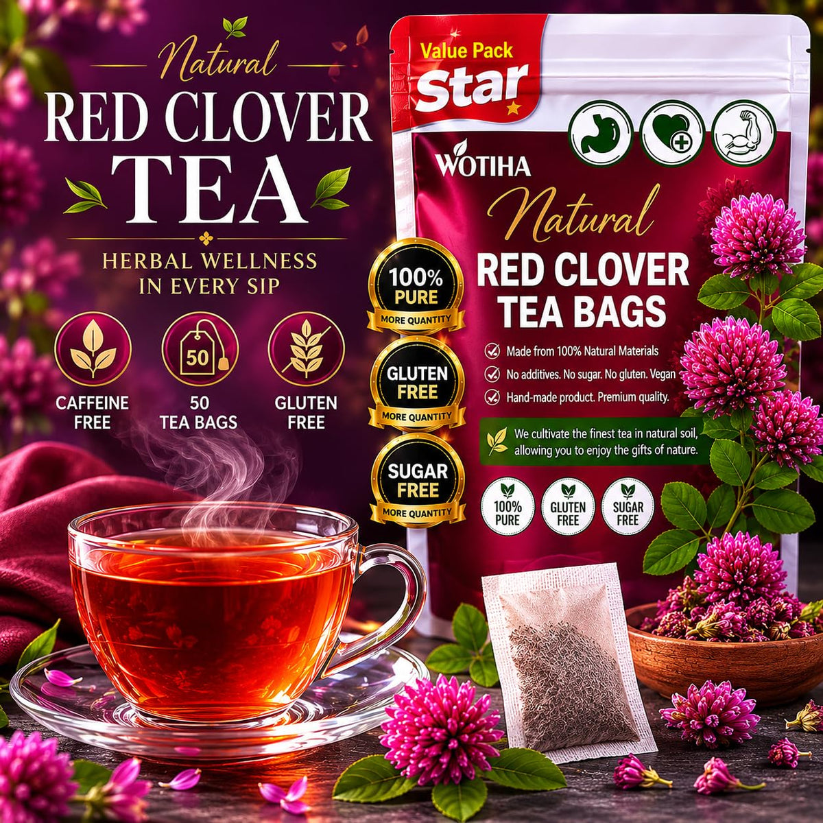 WOTIHA Premium Red Clover Tea Bags, 50 Count – 100% Natural Red Clover Herb, Rich in Antioxidants, Additive-Free, Caffeine-Free, Sugar-Free