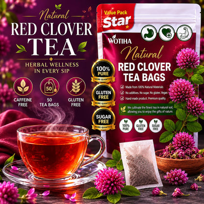WOTIHA Premium Red Clover Tea Bags, 50 Count – 100% Natural Red Clover Herb, Rich in Antioxidants, Additive-Free, Caffeine-Free, Sugar-Free