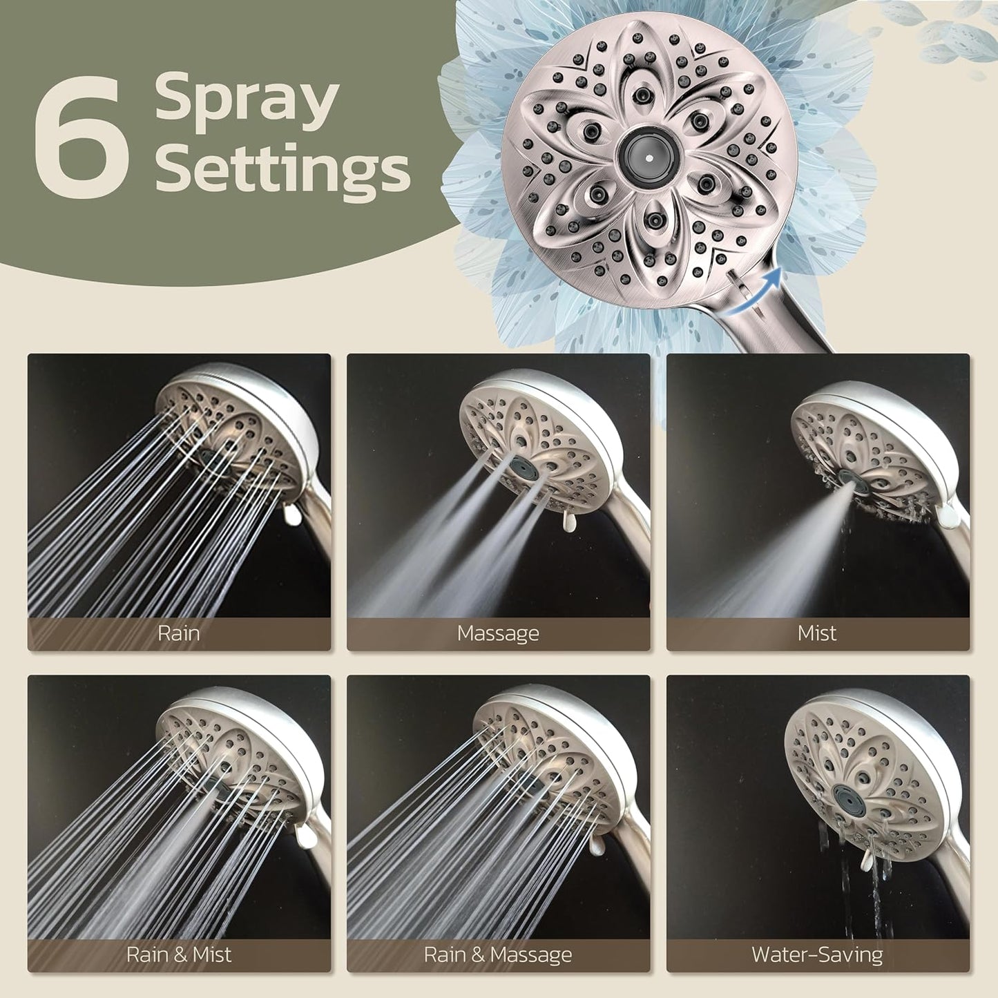 6-Setting Shower Head with Handheld, JDO High Pressure Hand held Shower Head, 4.7 Inch Chrome Detachable Showerhead Set with 59 Inch Stainless Steel Hose and Adjustable Showerhead Holder