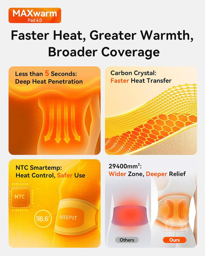 IKEEPFIT Portable Heating Pad for Back, FSA Eligible HSA, Cordless Heat Belt with Massager for Lower Back Pain Relief, Battery Powered 8000 mAh Rechargeable, MAXwarm 3.0, Gift for Women Men 90-310 lb