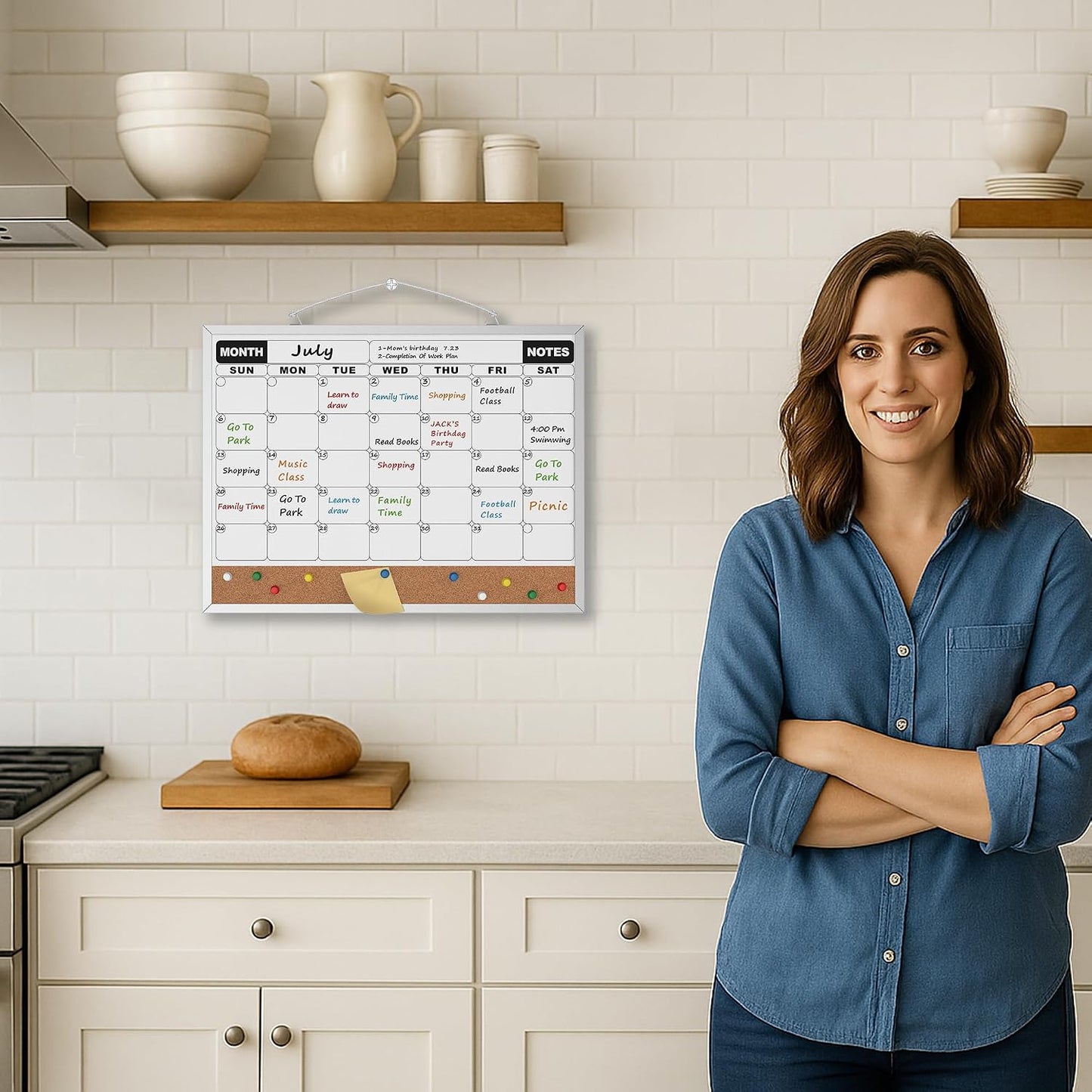 Monthly Calendar Dry Erase Board 16x12 Inch, Double-Sided Whiteboard and Corkboard Combo, Wall Mounted Planner Organizer with Markers, Magnets, Push Pins, Eraser, for Home Office School