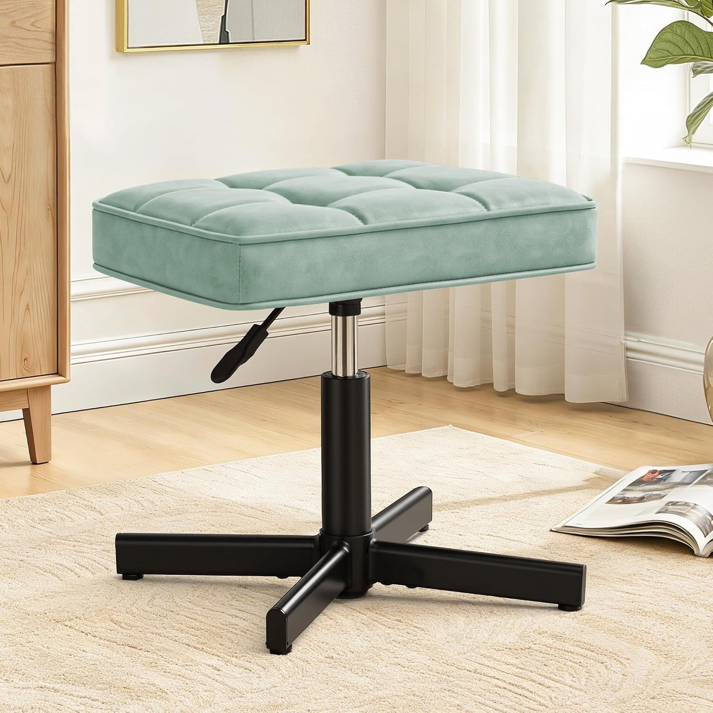 LUE BONA Adjustable Vanity Stool, Foot Rest Under Desk, 360° Swivel Vanity Chair for Makeup Room, Black Upholstered Faux Leather Ottoman for Bathroom & Living Room, 300lbs