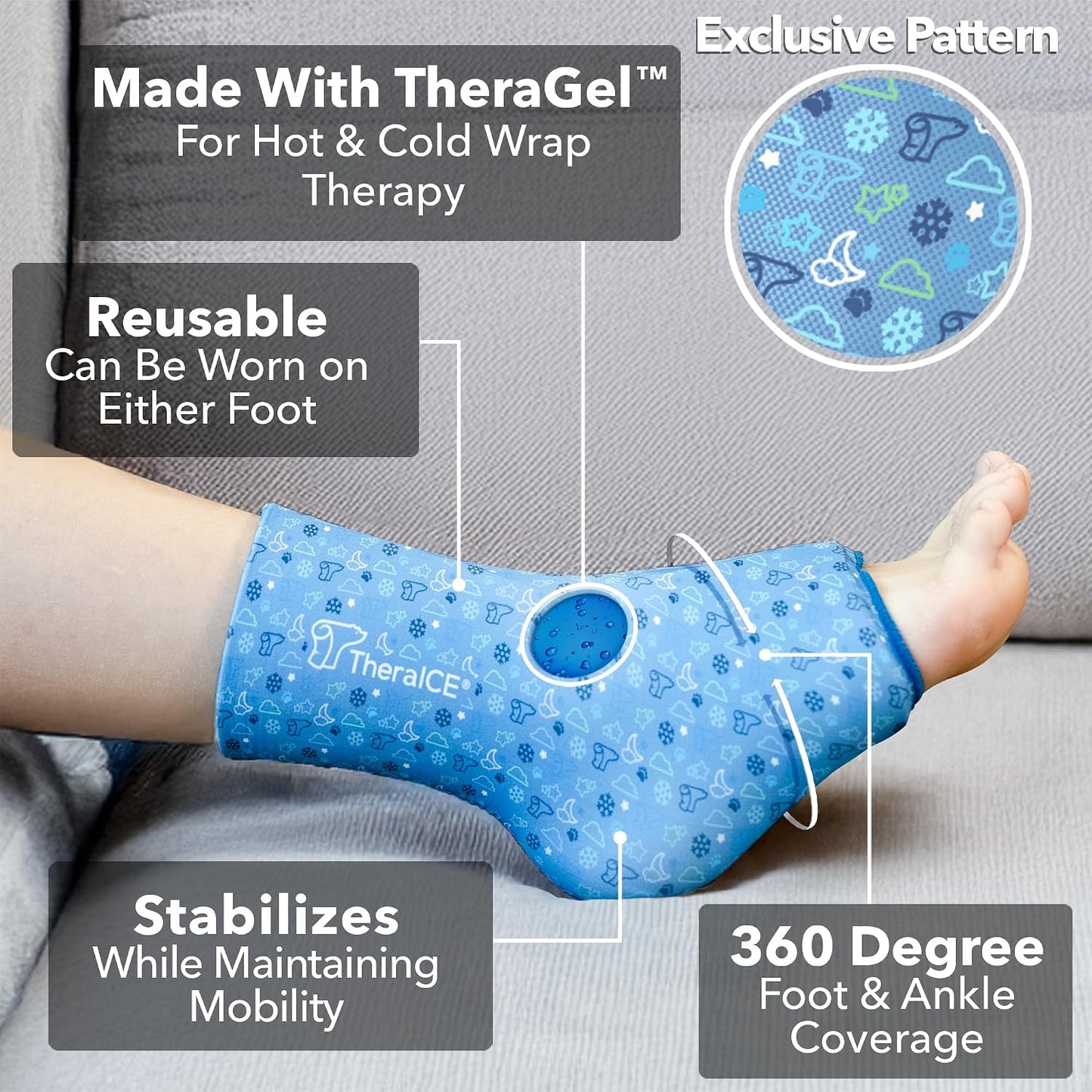 TheraICE Ankle Ice Pack Wrap for Swelling & Sprained Ankle Brace for Women Men, Cold Therapy Foot Heel Spur Support Compression Socks, Plantar Fasciitis & Achilles Tendonitis Sore Feet Pain Relief