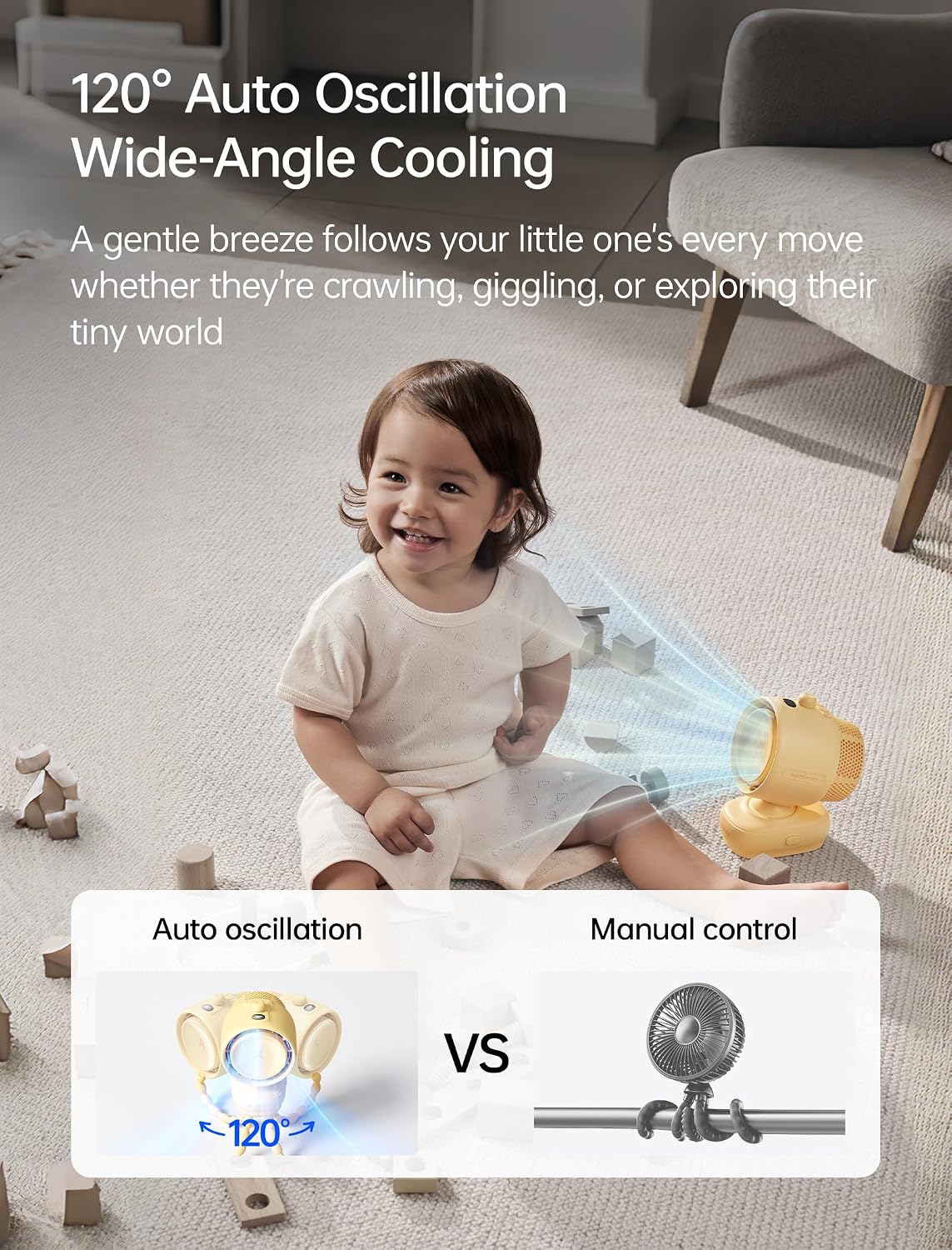 JISULIFE Chic Quadpod Stroller Fan 2026 –120°Auto Oscillation & 2 Wind Mode