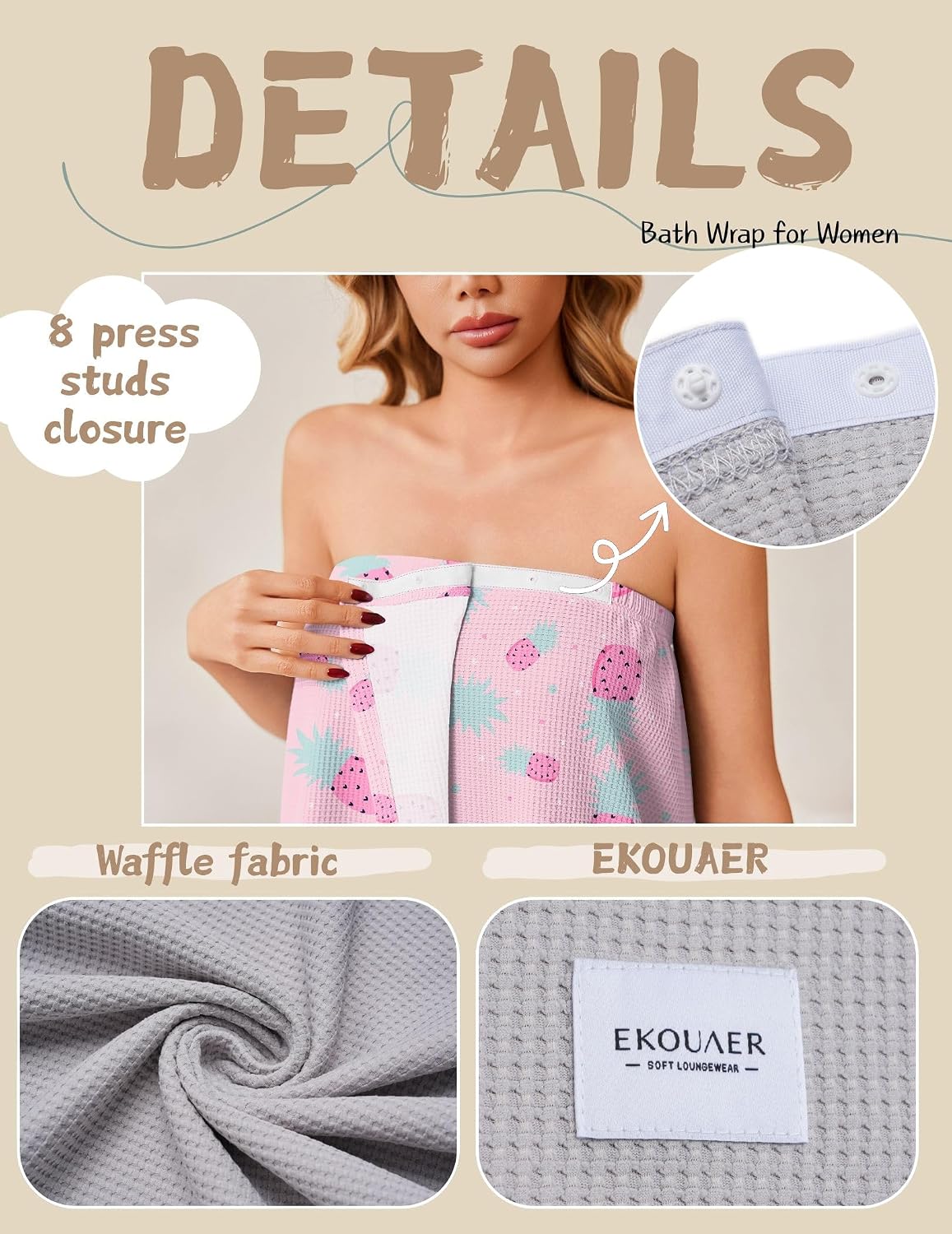 Ekouaer Waffle Robes Towel Wrap for Women Bath Wrap Lightweight Spa Robe