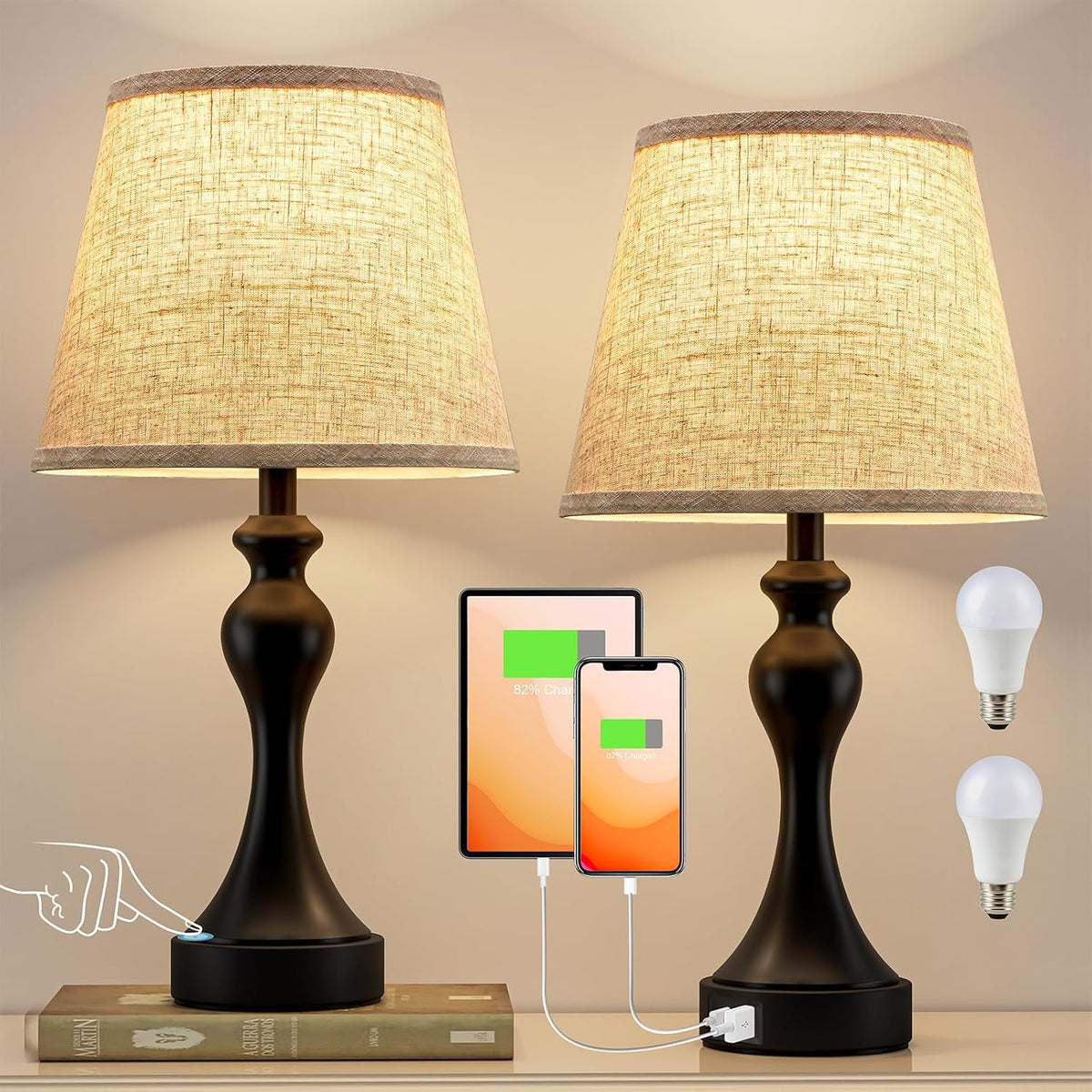 Touch Lamps for Nightstand, 3 Way Dimmable Bedside Lamps with USB C+A Ports