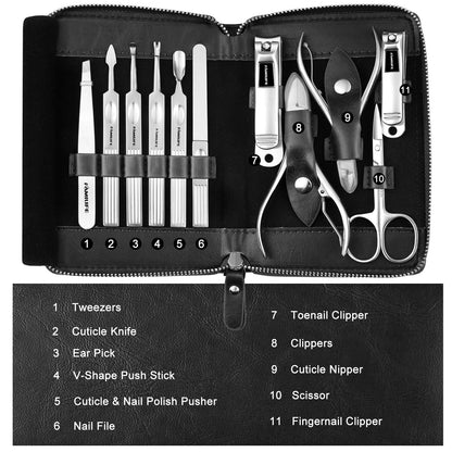 FAMILIFE Stainless Steel Manicure Set 11-in-1 Professional Nail Clipper Kit