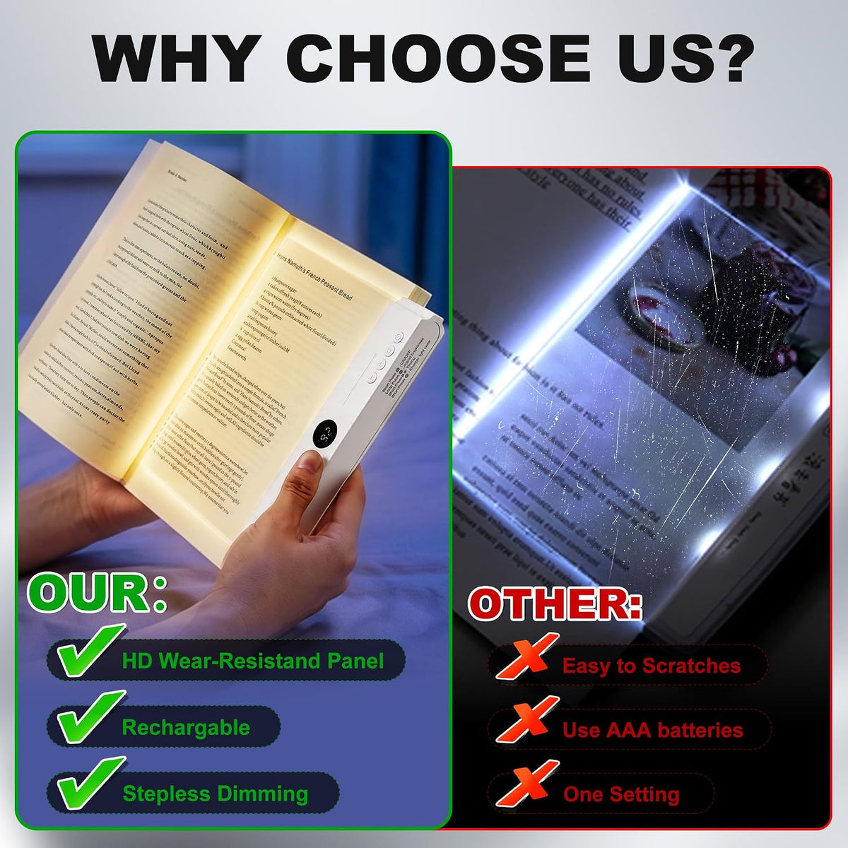 Book Light, Rechargeable Flat Reading Light with Timer for Reading at Night