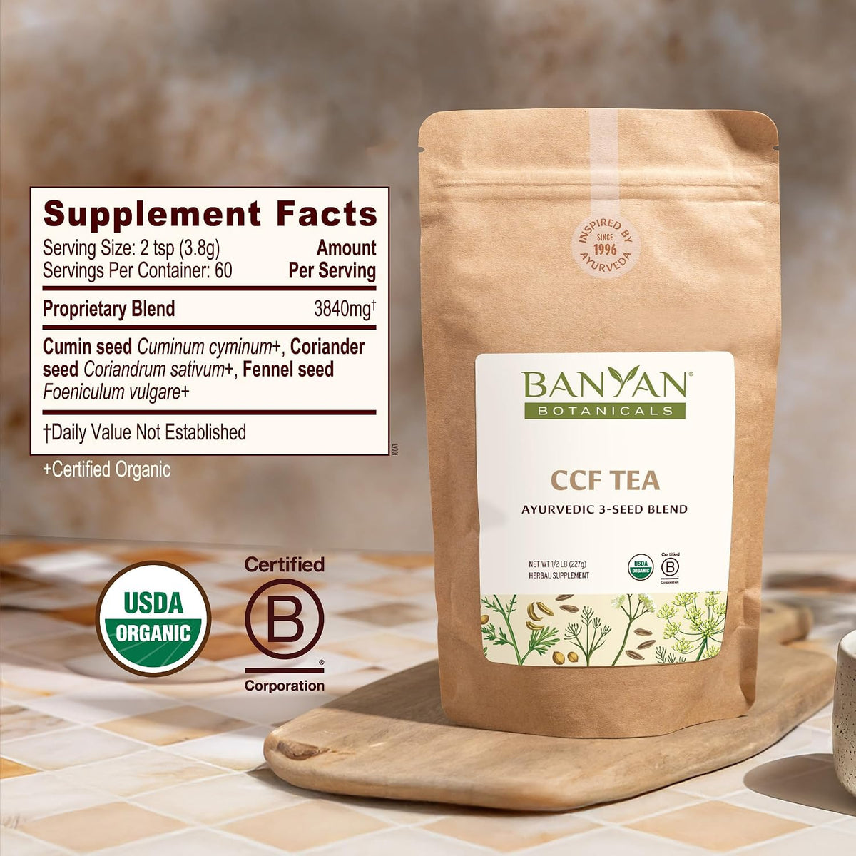 Banyan Botanicals Organic CCF Tea–Cumin Coriander Fennel–Bloating Relief & Digestive Support–Natural Detox Tea–Caffeine-Free Loose Leaf Tea– ½ lb Bulk (90 Servings)– USDA Organic*