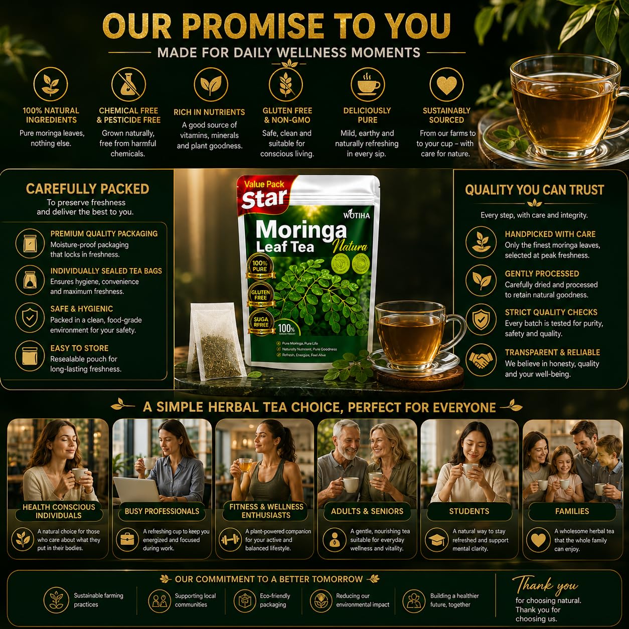 WOTIHA 60 Count Premium Lemon Balm Tea Bags - 100% Pure Natural Leaves, Lemony Citrusy Flavor, Supports Calming & Digestion, Caffeine-Free, Additive-Free, Sugar-Free, Vegan Non-GMO