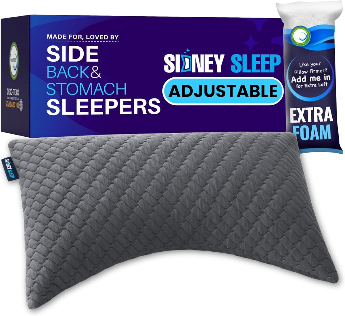 Sidney Sleep Adjustable Curved Pillows for Neck and Shoulder Support with Extra Shredded Fill - Cervical Contour Pillow for Side and Back Sleepers - Queen Size 19" x 29" CertiPUR-US Certified (White)