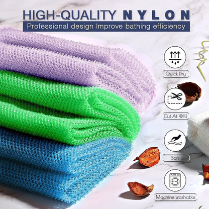 UJFQBH 3 Pieces African Bath Sponge African Net Long Net Bath Sponge Exfoliating Shower Body Scrubber Back Scrubber Skin Smoother,Great for Daily Use (Pink,Yellow,Purple)