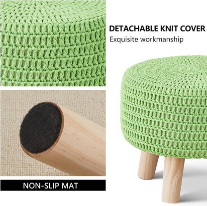 Wimarsbon Pouf Ottoman, 100% Cotton Knitted Boho Footstool, Round Footrest with Non-Skid Wood Legs, Home Décor Handmade Pouffe, Leisure Floor Step Stool for Living Room (Beige)
