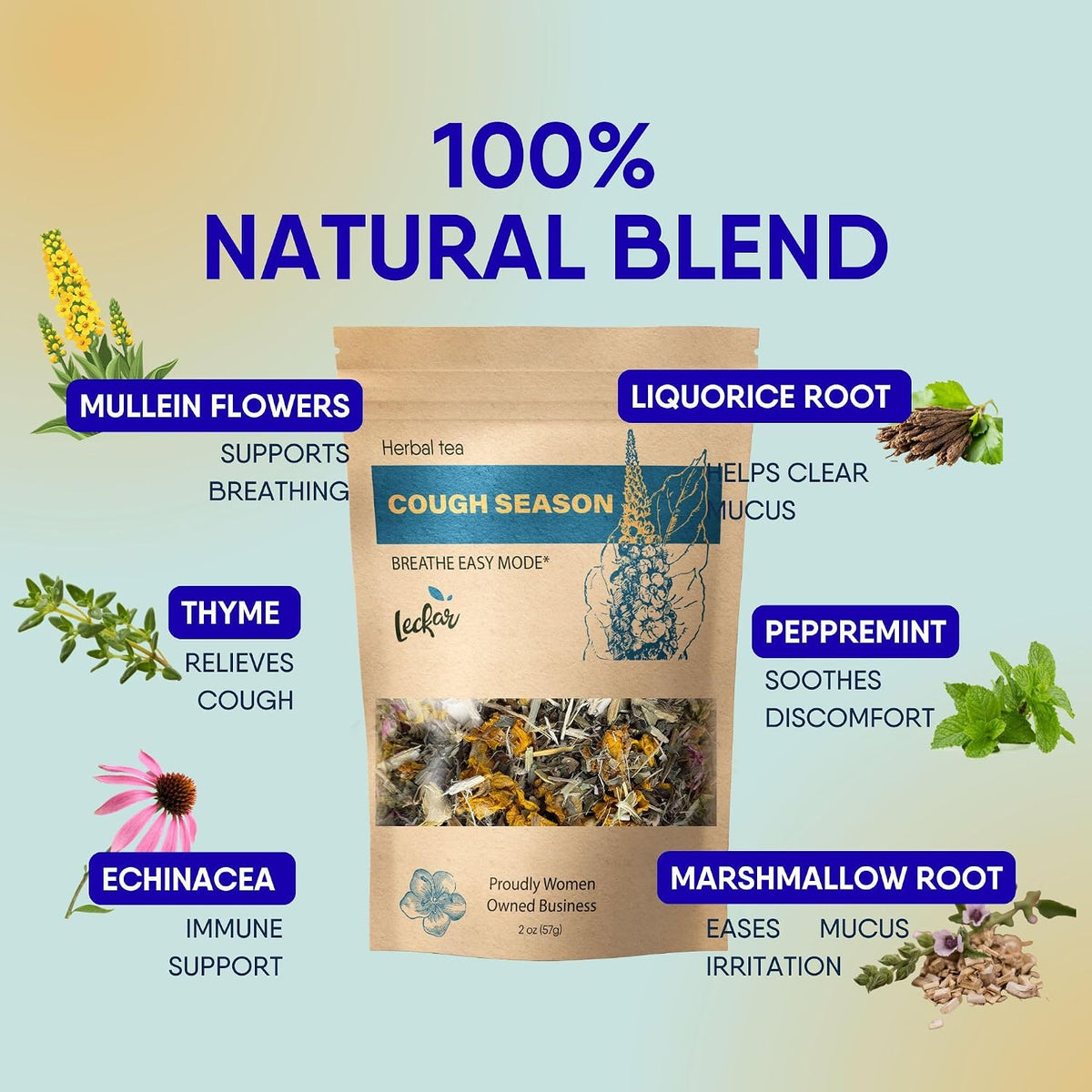 Leckar Cough Season Herbal Tea – Natural Respiratory Support Blend with Mullein, Thyme & Echinacea – Soothes Sore Throat & Hoarse Voice – Lung Health & Immune Boost – Caffeine-Free – 2 oz