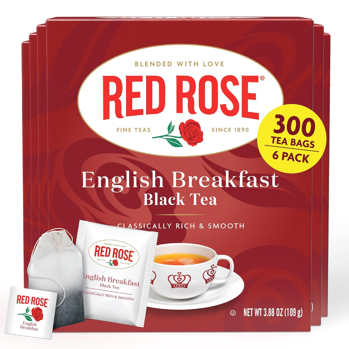 Red Rose English Breakfast Black Tea, 50 Tea Bags Per Box, Pack of 6