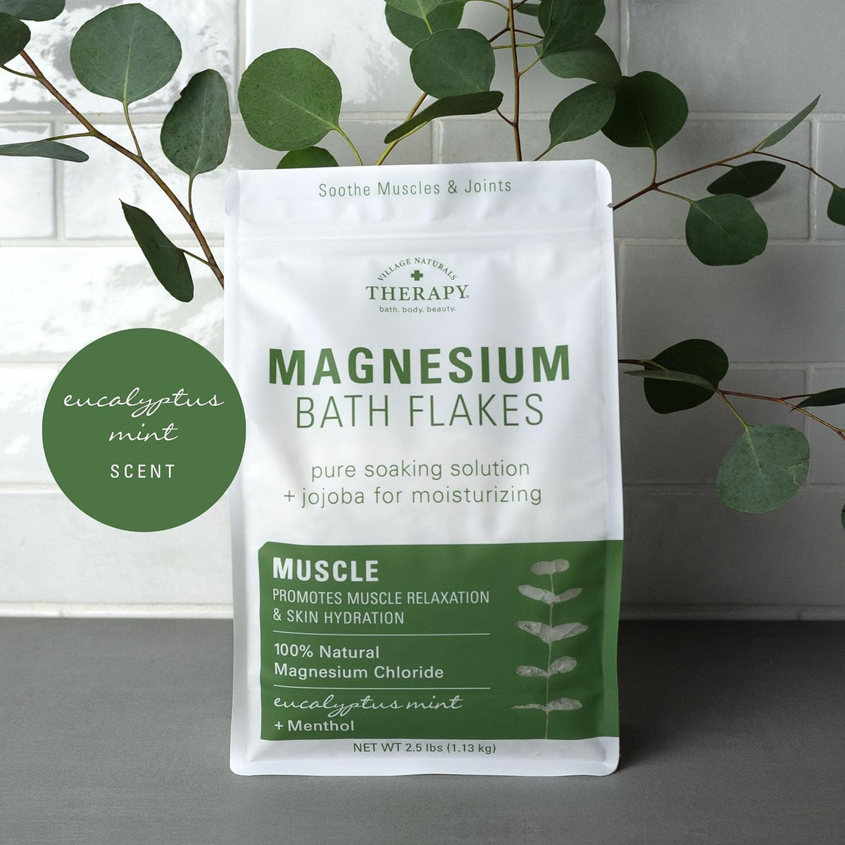 Village Naturals Therapy Muscle Magnesium Bath Flakes, Eucalyptus, Mint & Menthol Scent, 2.5 lbs