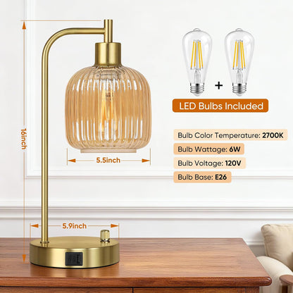 QiMH Industrial Table Lamp for Bedroom Set of 2, Green Glass Beside Lamp with USB A&C Ports, Stepless Dimmable Gold Lamps, Nightstand Lamps for Living Room, Office, Home Decor(Bulb Included)