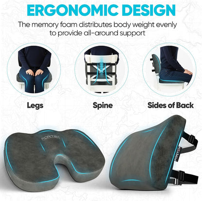 FORTEM Seat Cushion, Office Chair Cushion, Lumbar Support Pillow for Office Chair, Memory Foam Car Seat Cushions, Sciatica Coccyx Tailbone Pain Relief, Cushions for Back Support, Washable, Non Slip
