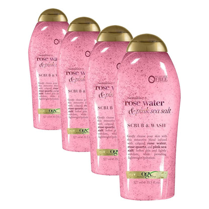 OGX Sensitive + Rose Water & Pink Sea Salt Exfoliating Body Scrub + Rose Quartz, Gentle Exfoliating Daily Body Wash Softens Skin, Body Scrub for Women, Sulfate-Free Surfactants, 19.5 fl oz