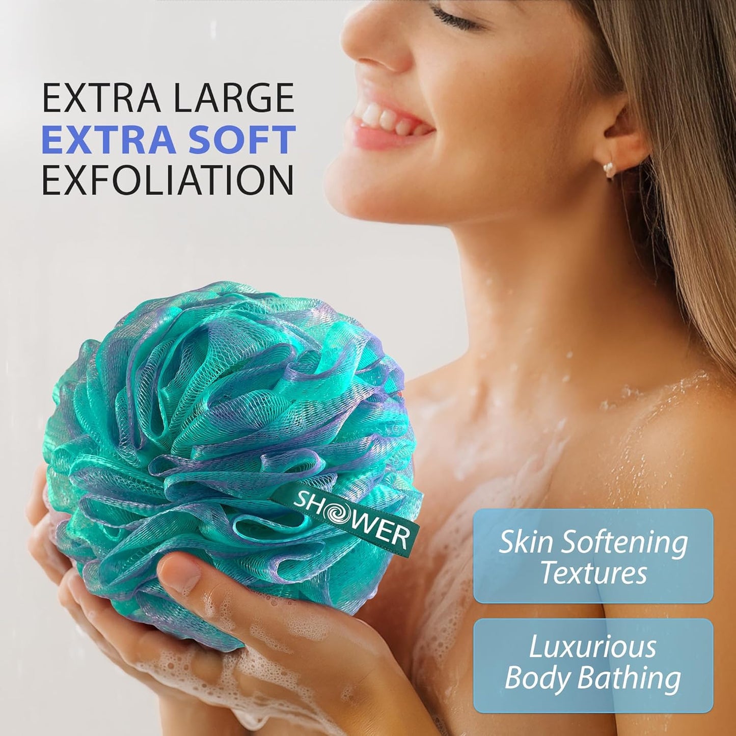 SHOWER BOUQUET Loofah-Charcoal Bath-Sponge XL-Color-4-Pack // Extra Large 75g Soft Mesh Black Luffa Loofa Loufa Puff Set/Exfoliating Body Scrubber for Women and Men - Exfoliate & Soothe Face & Body