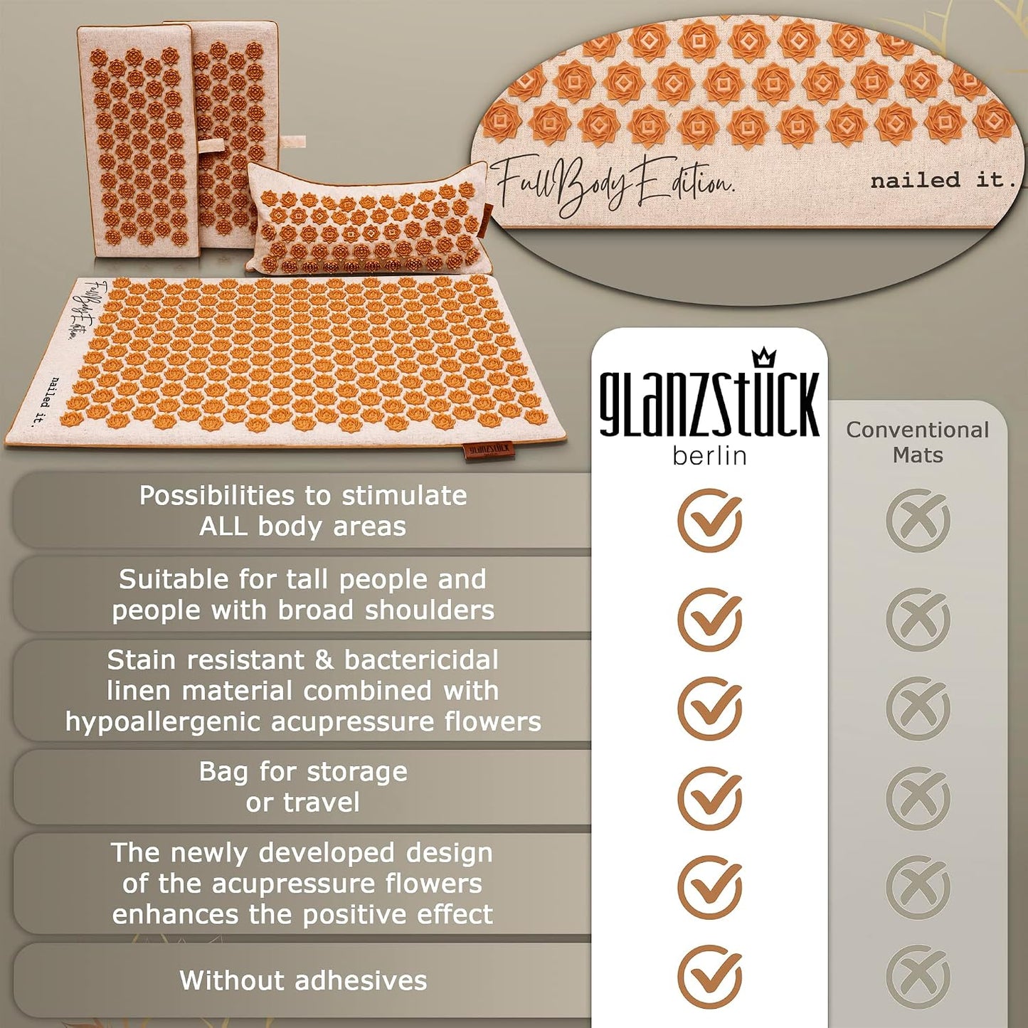 Glanzstück Berlin® Acupressure Mat Set Premium, Beginner Suitable, Made of Linen, Neck and Back Pain Relief, with Pillow (Heat Function) & Bag, Sustainable