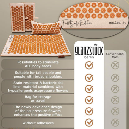 Glanzstück Berlin® Acupressure Mat Set Premium, Beginner Suitable, Made of Linen, Neck and Back Pain Relief, with Pillow (Heat Function) & Bag, Sustainable