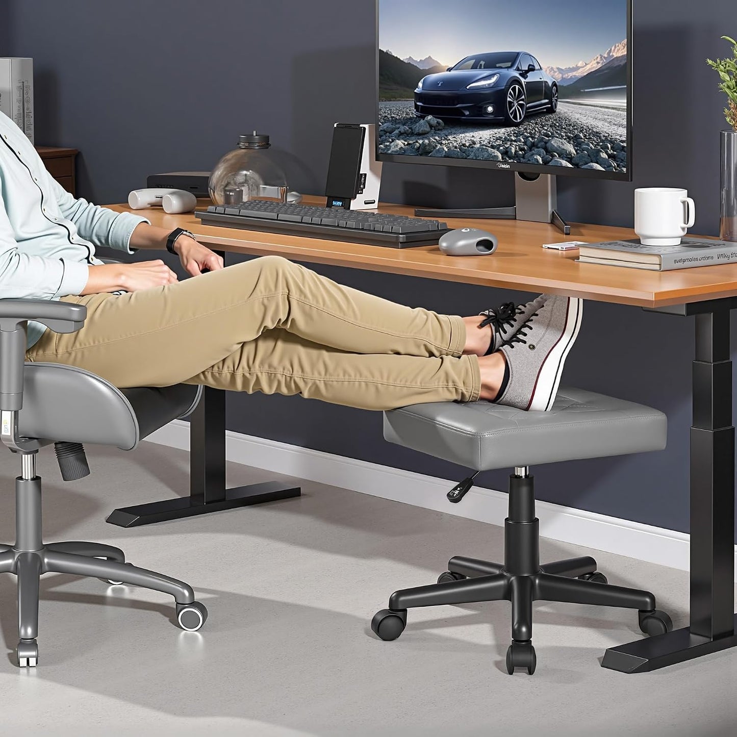 VECELO Under Desk Footrest, PU Ergonomic Foot Rest with Wheels, Comfort Padding, Height Adjustable for Relieving Leg Pain, Stiffness, Black