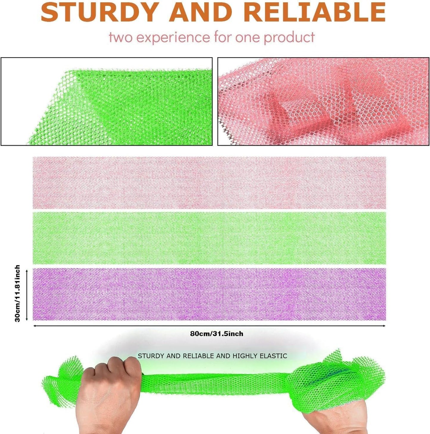 UJFQBH 3 Pieces African Bath Sponge African Net Long Net Bath Sponge Exfoliating Shower Body Scrubber Back Scrubber Skin Smoother,Great for Daily Use (Pink,Yellow,Purple)