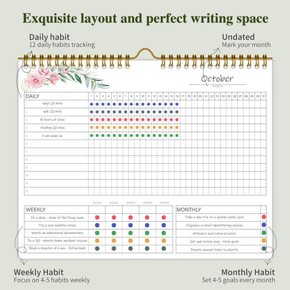 Habit Tracker Calendar，12 Monthly Habit Tracker Journal with Spiral Binding,Undated Weekly Monthly Planner to Boost Productivity&Self Improvement, 8"x10"（Green)