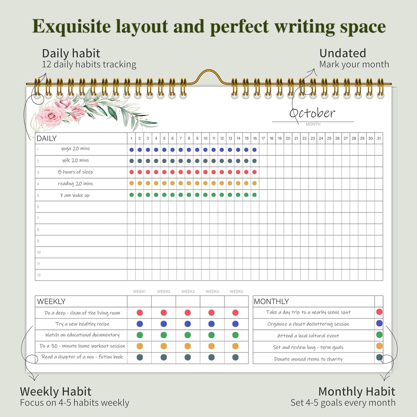 Habit Tracker Calendar Undated for Daily, Weekly & Monthly, 8" x 10" (Pink)