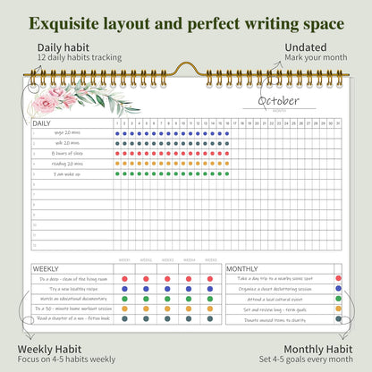 Habit Tracker Calendar Undated for Daily, Weekly & Monthly, 8" x 10" (Pink)