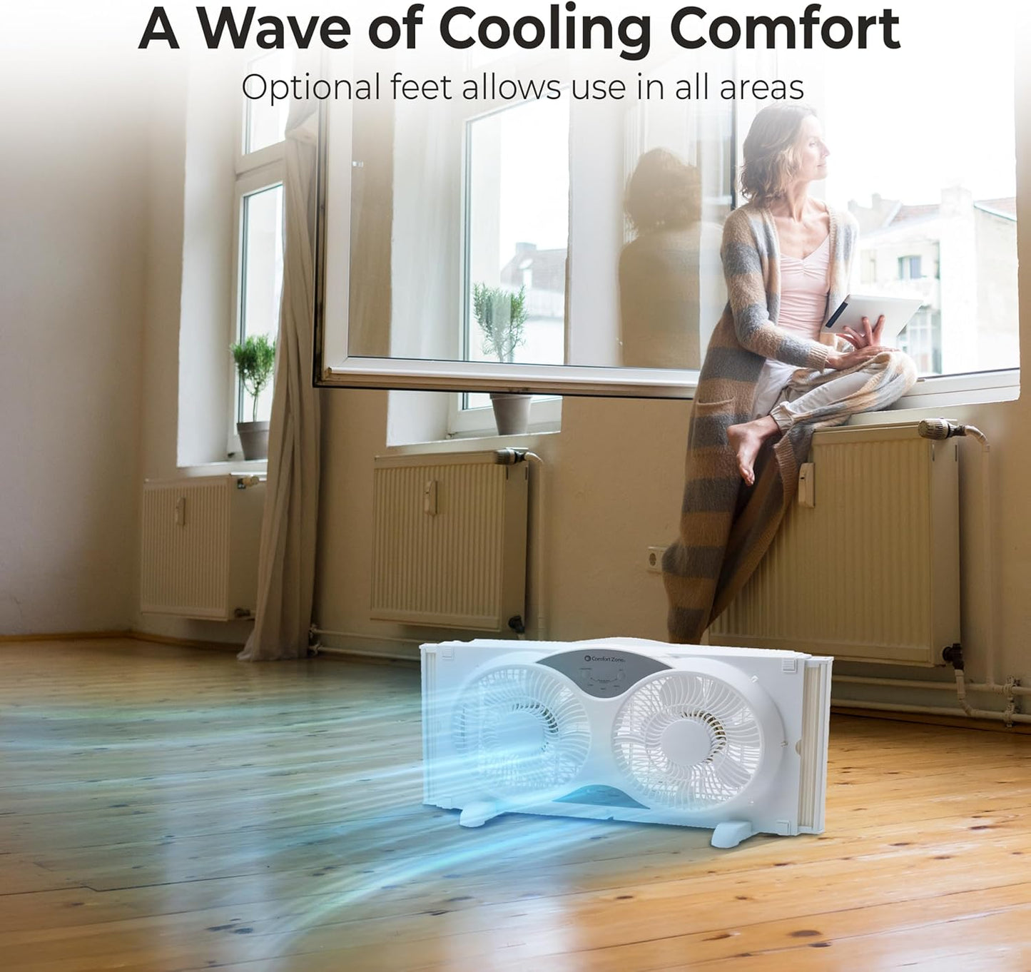 Comfort Zone Twin Window Fan with Reversible Airflow Control, 9 inch, Auto-Locking Expanders, 2 Speed Fan, Dual Fan, Exhaust, Airflow 9.84 ft/sec, Ideal for Home, Kitchen, Bedroom & Office, CZ319WT