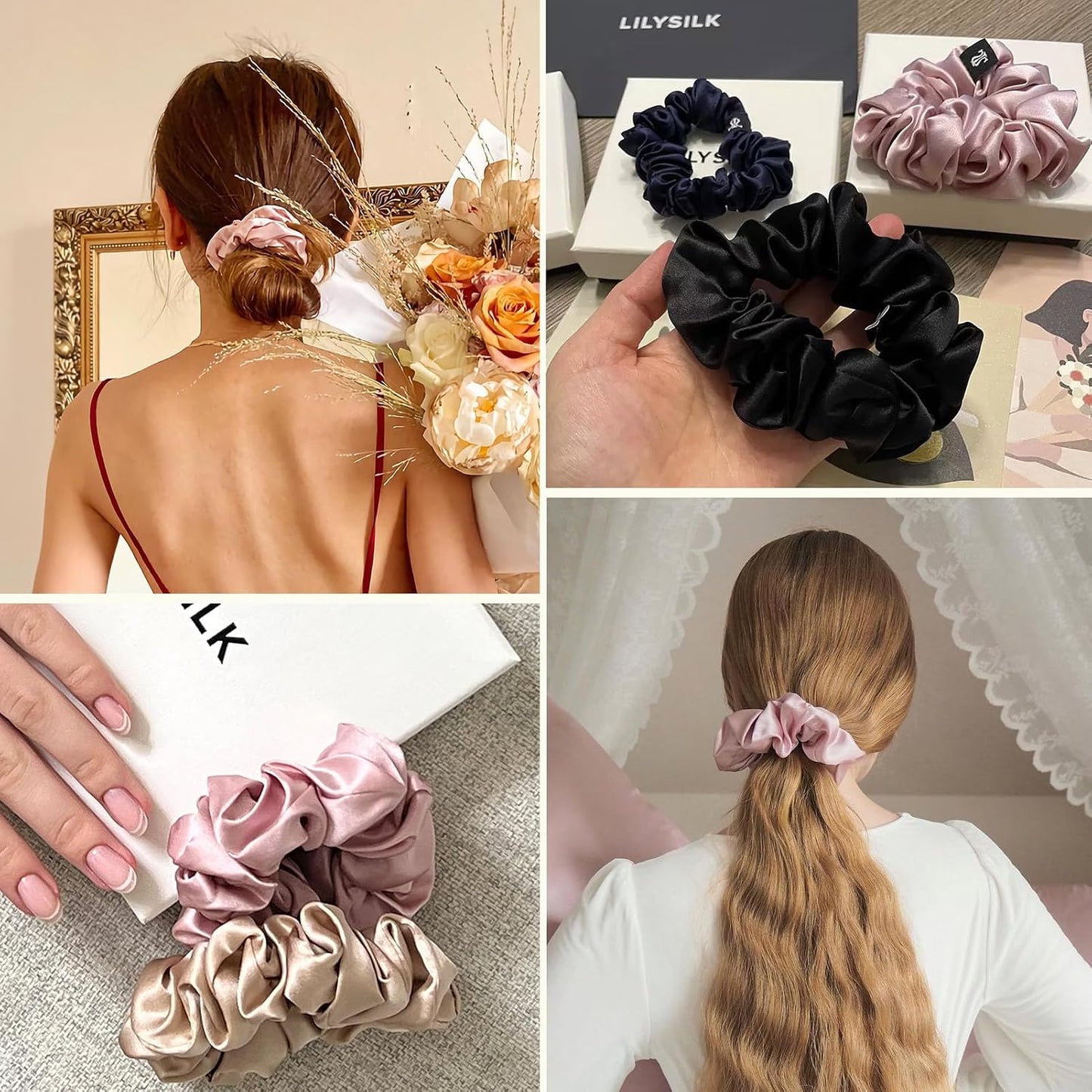 LILYSILK Silk Hair Scrunchies / Ties for Frizz & Breakage Prevention, 100% Mulberry, No Damage, Elastic ponytail Holders, 1Pc, Coffee - Colors A