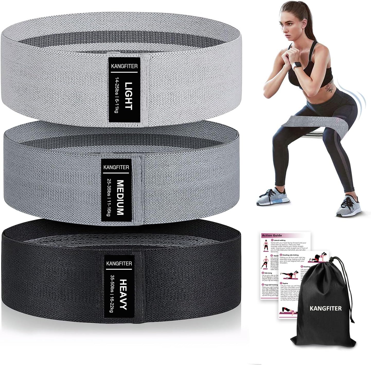 KANGFITER Non-Slip Fabric Resistance Bands for Working Out 3 Levels