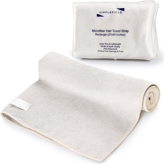 SimpleField Large Microfiber Hair Towel Wrap (27x40 Inches) for Women, Anti-Frizz Flat Rectangle Drying Towel with Full Hair Coverage Design, Elastic Band for Long, Curly and Thick Hair (Beige)