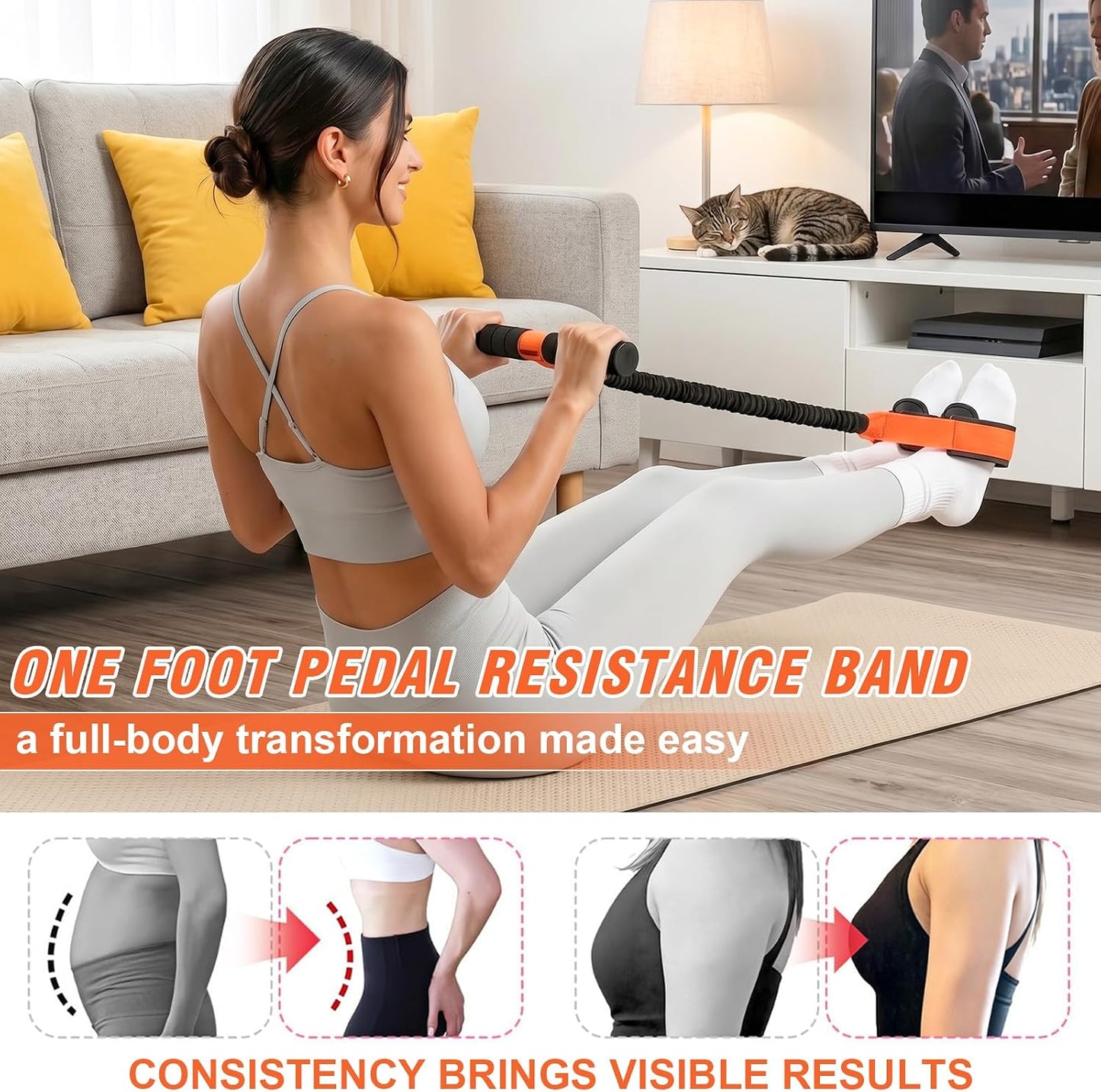 Pedal Resistance Band with Handles for Women, 55LBS Exercise Bands, Thickened Latex Tube, Non-Slip Foot Pedal, Full Body Workout Equipment for Abs/Core/Waist/Leg/Glutes/Arm Strength Training