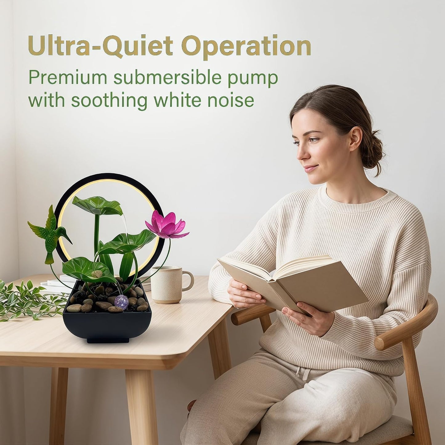 Tabletop Fountain,Indoor Water Fountain,Home Fengshui Décor Zen Relaxation Soothing Sound Machine for Office,Living Room,or Bedroom,Green Lotus,Hummingbird & Pink Flower
