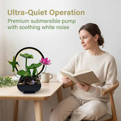 Tabletop Fountain,Indoor Water Fountain,Home Fengshui Décor Zen Relaxation Soothing Sound Machine for Office,Living Room,or Bedroom,Green Lotus,Hummingbird & Pink Flower,9.1inch