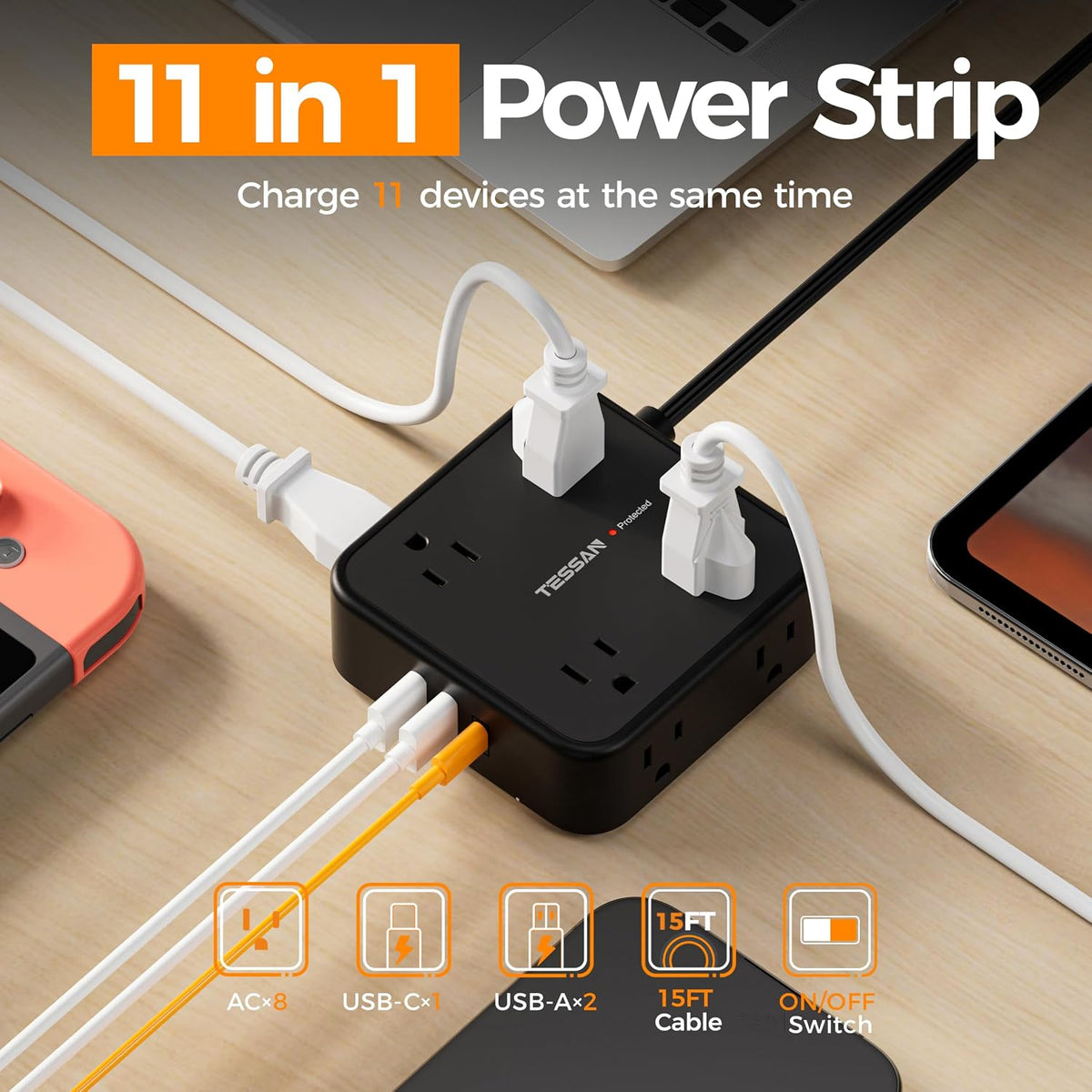 TESSAN Surge Protector Power Strip with 900J Surge Protection, 5 Ft, Grey