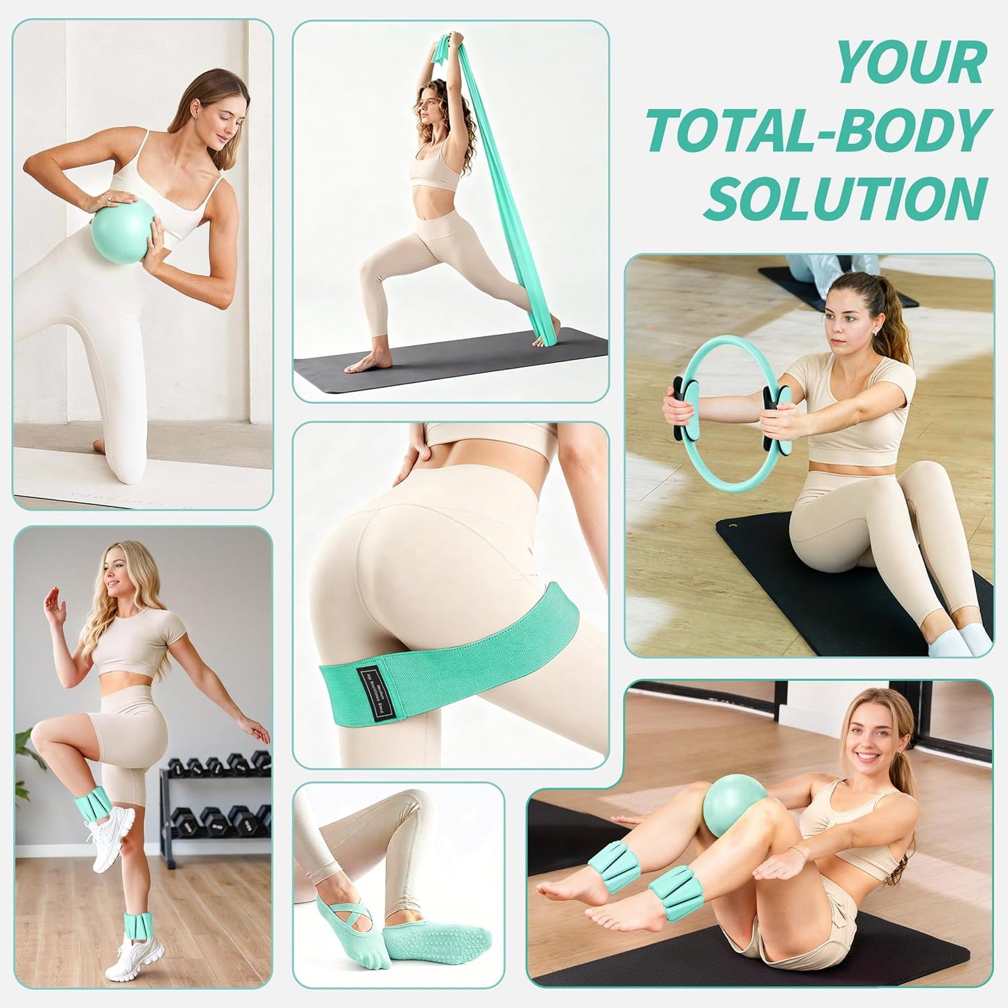 NANATI Pilates Kit, Home Pilates Workout Kit for Women, Pilates Equipment with 14.5" Pilates Ring and Ball, Resistance Bands, Ankle Weights, Sliders & Grip Socks for Home Workouts