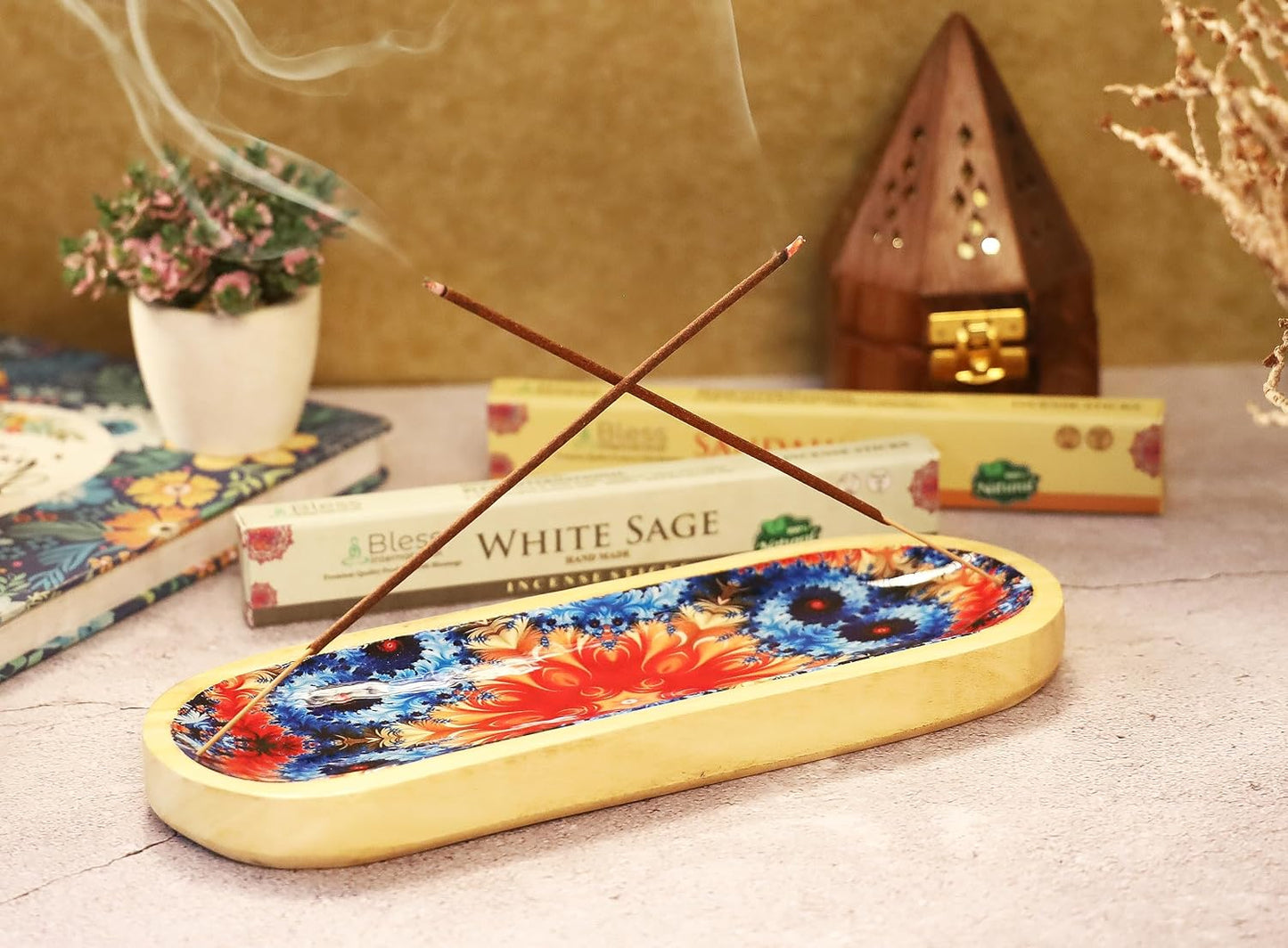 Bless-International Traditional-Handmade-Tray-Burner Wooden-Trat-Incense-Stick-Holder Ash-Catcher-Stand for-Aromatherapy-Meditation-Yoga (11x4x1.22 Inches)