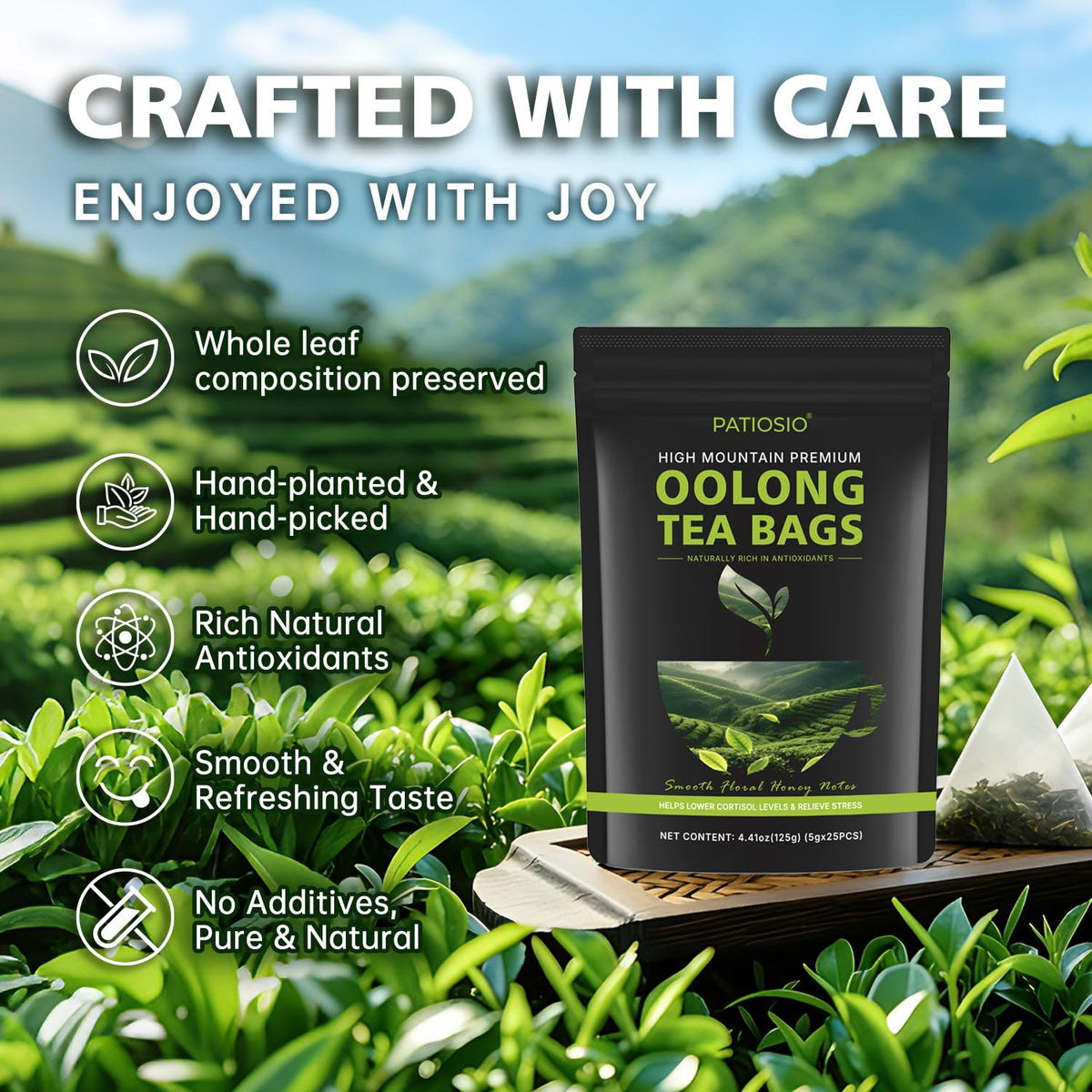 Oolong Tea Bags – Yunnan High-Mountain Oolong Whole Leaf Tea Bags, 25 Bags (5g Each) – Premium Loose Leaf Oolong Tea- Helps Lower Cortisol Levels & Relieve Stress –Smooth Aroma,Low Astringency,Non-GMO
