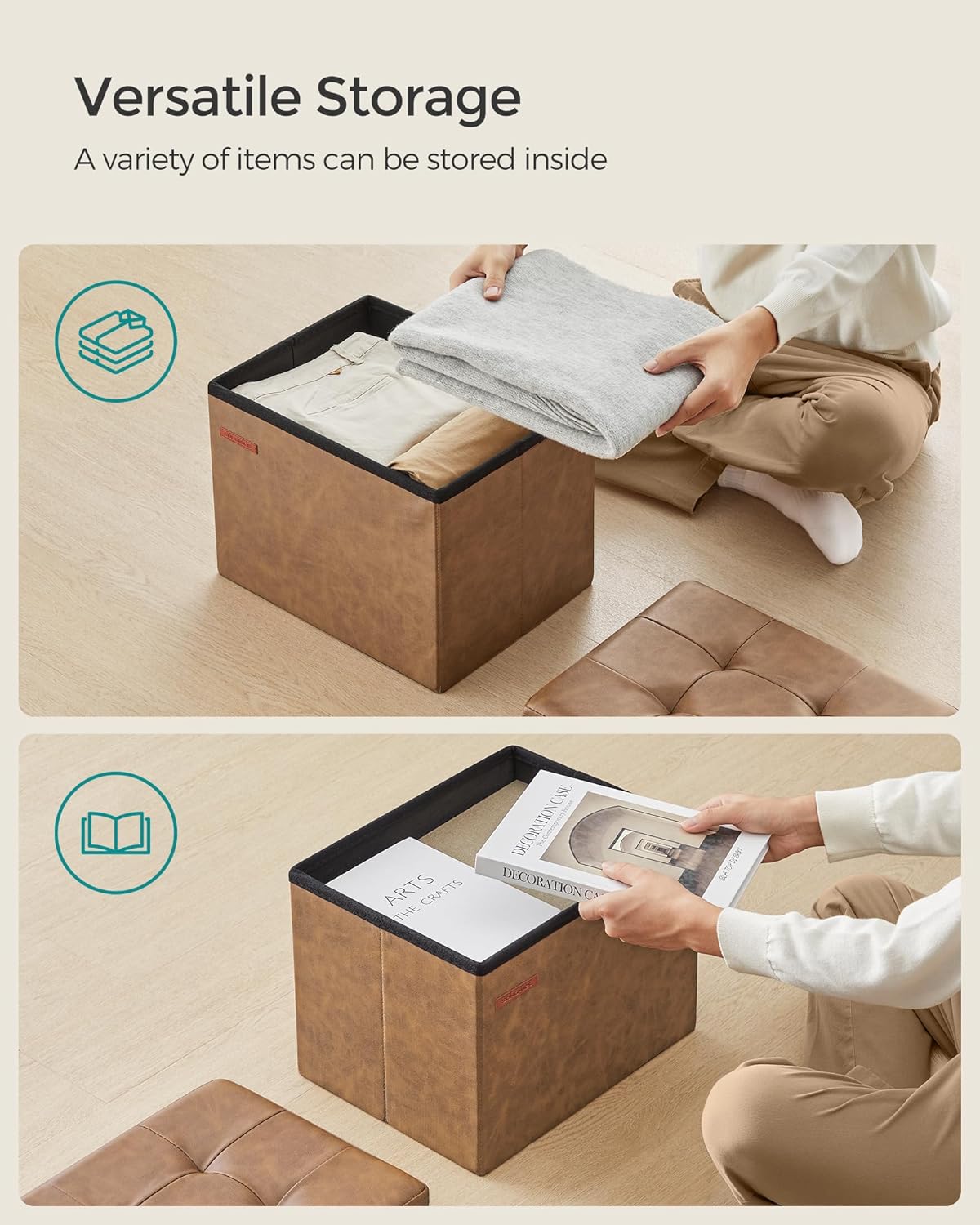 SONGMICS Small Folding Storage Ottoman, Foot Rest Stool, Cube Footrest, Synthetic Leather, 12.2 x 16.1 x 12.2 Inches, 286 lb Capacity, for Living Room, Bedroom, Dorm, Ink Black ULSF100B01