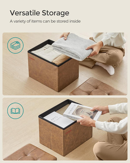 SONGMICS Small Folding Storage Ottoman, Foot Rest Stool, Cube Footrest, Synthetic Leather, 12.2 x 16.1 x 12.2 Inches, 286 lb Capacity, for Living Room, Bedroom, Dorm, Ink Black ULSF100B01