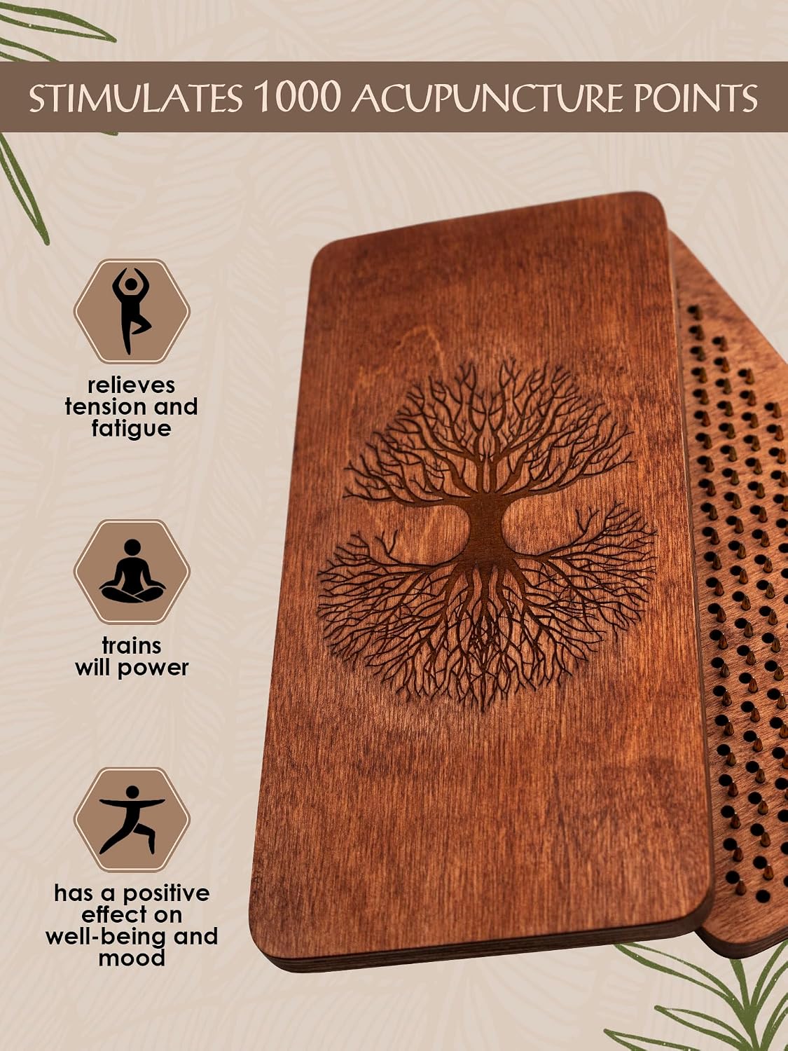 Sadhu board, Wooden Yoga Board for Acupressure and Meditation with Nails for Deep Tissue Massage, Acupuncture Massage, Nails Distance 0.39 In (10 mm)