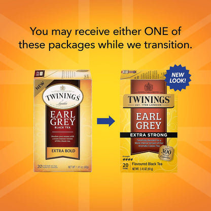 Twinings Earl Grey Tea Extra Strong 2-Pack – A Bright and Zesty Black Tea Infused with Citrus Bergamot Flavours, Caffeinated Tea Bags, Individually Wrapped, 20 Count Ea