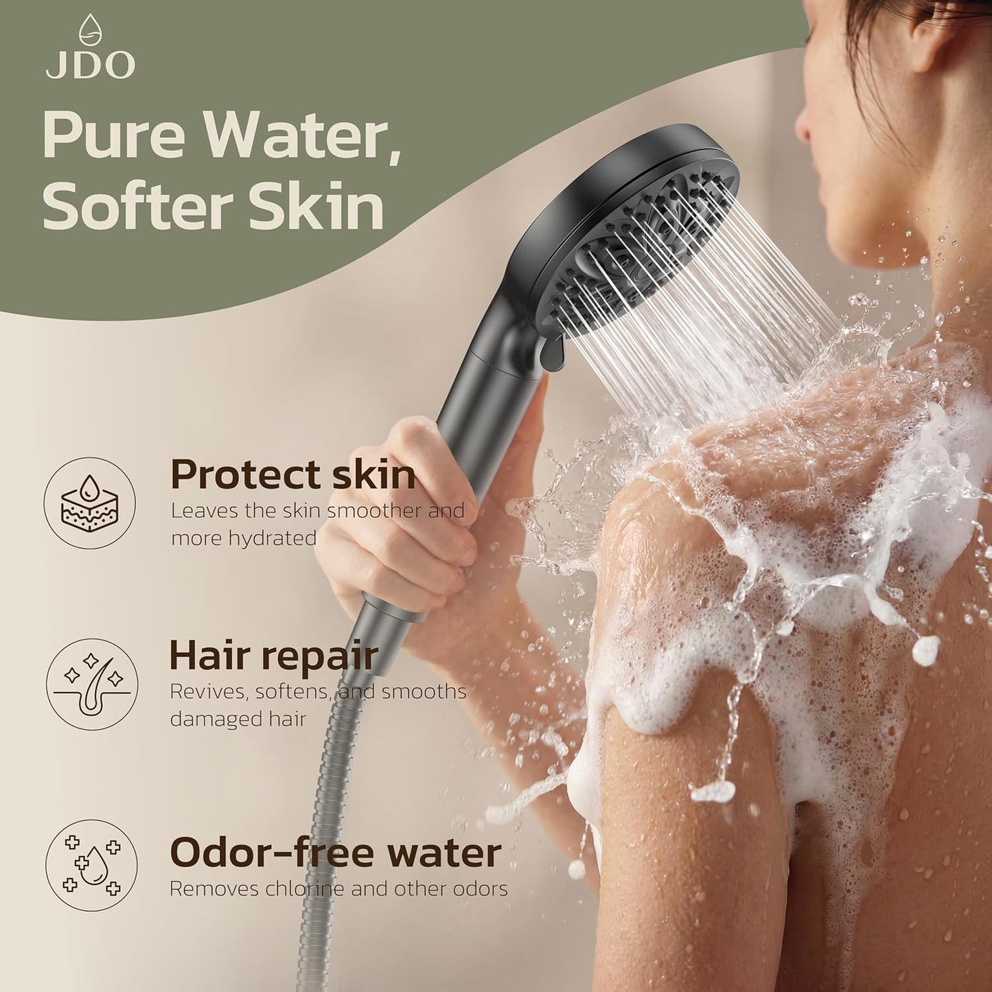 6-Setting Shower Head with Handheld, JDO High Pressure Hand held Shower Head, 4.7 Inch Chrome Detachable Showerhead Set with 59 Inch Stainless Steel Hose and Adjustable Showerhead Holder