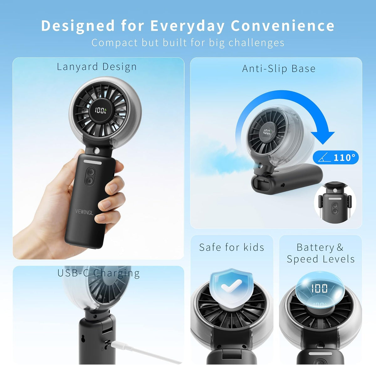 VEWINGL Portable Misting Fan, 110° Foldable Handheld Fan, 5 Speed