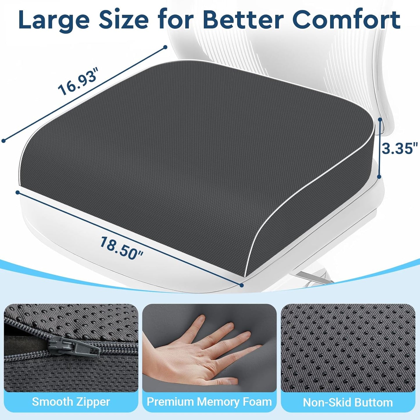 Seat Cushion, Memory Foam Office Chair Cushions for Long Sitting Hours, Chair Pad for Sciatica, Coccyx, Tailbone, Hip Pain & Pressure Relief, Office, Home, Car Seats, Airplane, Black/Large